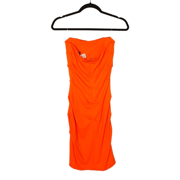 NEW AKIRA BLACK LABEL Orange Strapless Bodycon Stretchy Ruching Dress Small - Picture 3 of 10